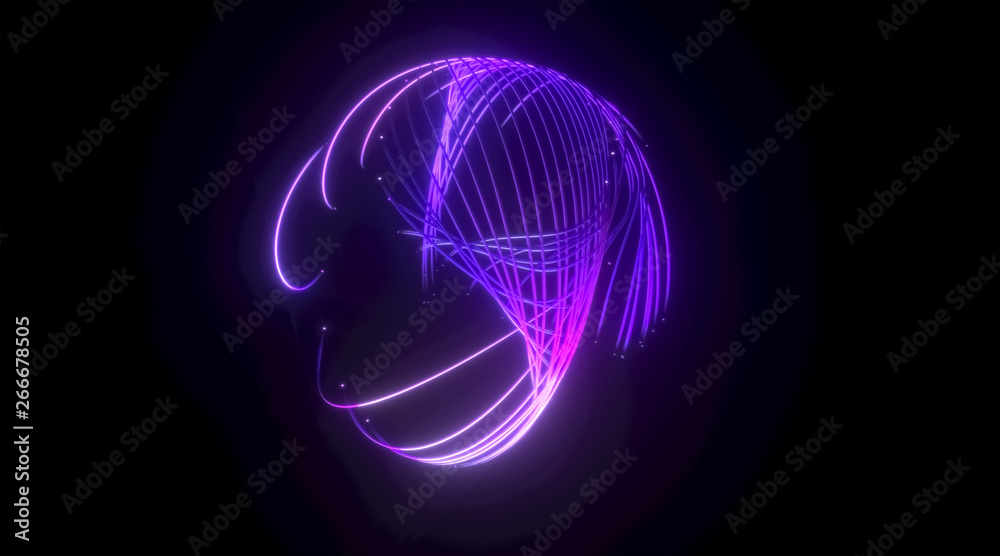 Obraz premium 3d rendering abstract geometric sphere shape on black background. Purple lighting lines with glow. Virtual reality, futuristic violet neon light.