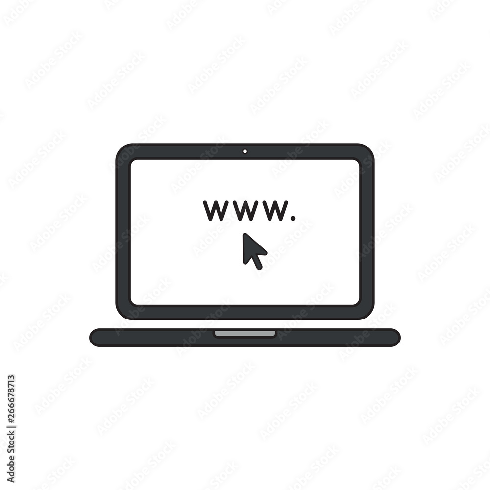 Vector icon concept of www word inside laptop computer with mouse cursor. Vector icon concept of www word inside laptop computer with mouse cursor.