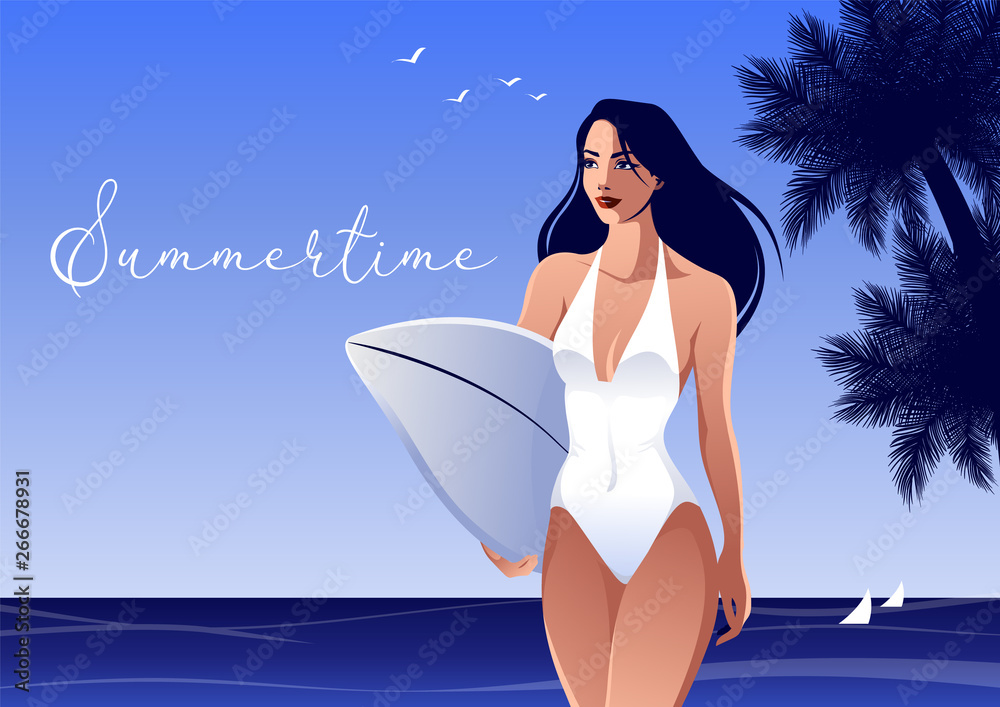 Summertime vacation poster. Smiling pretty woman in white swimsuit holding surboard. Vector illustration in flat art style. Beautiful sunny seascape on background.