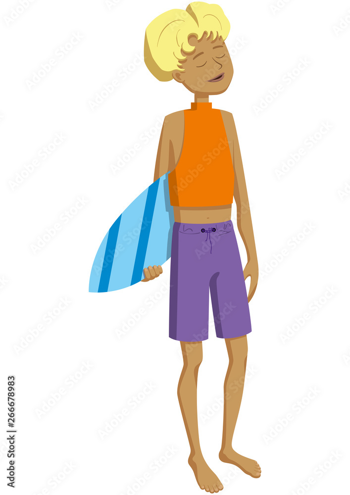 Surfer boy/ Illustration cartoon handsome teen boy with a surfing board