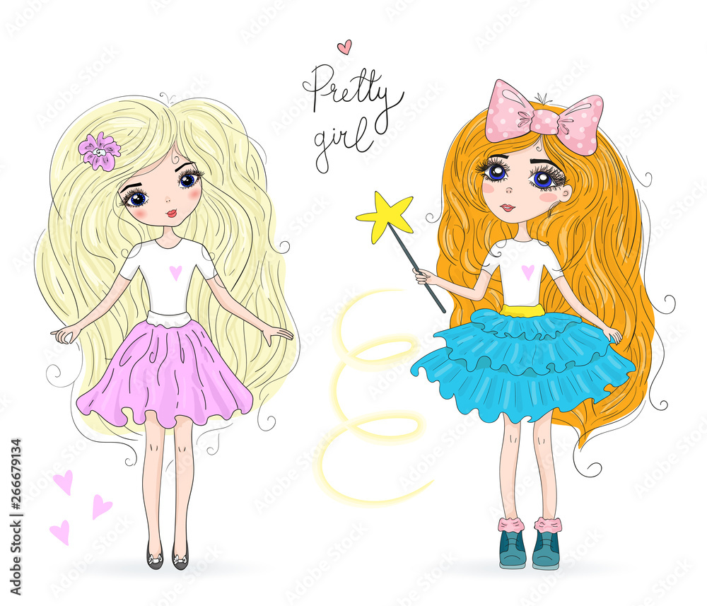 Hand drawn beautiful cute girl with an inscription pretty girl. Vector illustration. Hand drawn beautiful cute girl with an inscription pretty girl. Vector illustration.