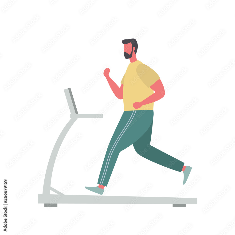 Young man in a sporty uniform is running on a treadmill. People icon. Funky flat style. Vector illustration. Young man in a sporty uniform is running on a treadmill. People icon. Funky flat style. Vector illustration.
