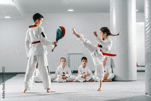 Fotografie Caucasain boy and girl in doboks having taekwondo training at gym