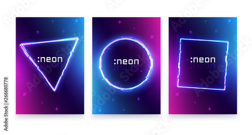 Trendy neon abstract poster set, memphis geometric texture, ultraviolet neon rave party, vibrant colors gradient, modern wallpaper