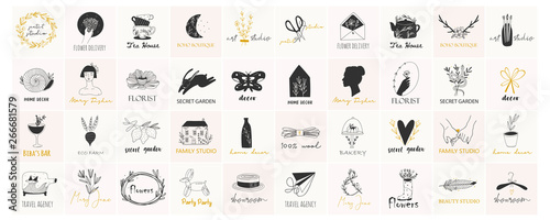 Various simple, elegant and bohemian icons. Pre-made logos big vector set. Detecoration for brand or shop logos, wedding albums, web pages, restaurant menus. Design elements. Everything is isolated