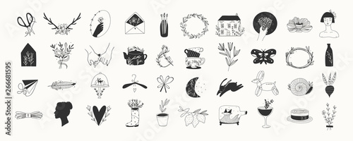 Various simple, elegant and bohemian icons. Hand drawn big vector set. Detecoration for brand or shop logos, wedding albums, web pages, restaurant menus. Design elements. Everything is isolated