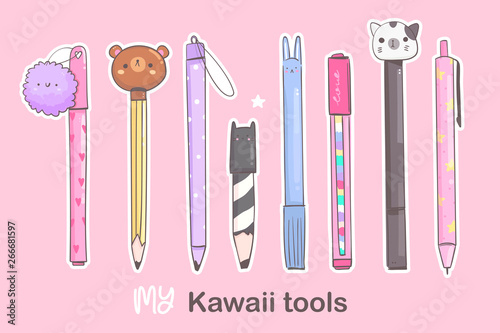 Various pens, pencils ond other writing office tools. Pre-made stickers. Hand drawn kawaii vector set. Cute colored trendy illustration for kids and adults. Flat design. All elements are isolated