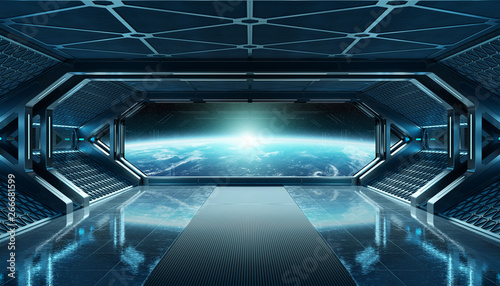 Fototapeta Naklejka Na Ścianę i Meble -  Dark blue spaceship futuristic interior with window view on planet Earth 3d rendering