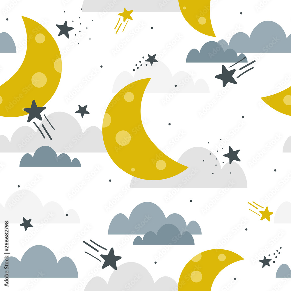 Moon, clouds and stars, hand drawn backdrop. Colorful seamless pattern, sky. Decorative cute wallpaper, good for printing. Overlapping colored background vector. Design illustration Moon, clouds and stars, hand drawn backdrop. Colorful seamless pattern, sky. Decorative cute wallpaper, good for printing. Overlapping colored background vector. Design illustration