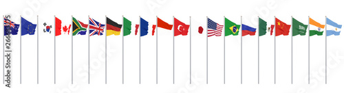 Waving flags countries of members Group of Twenty. Big G20 in Japan in 2020. Isolated on white. 3d rendering.  Illustration.
