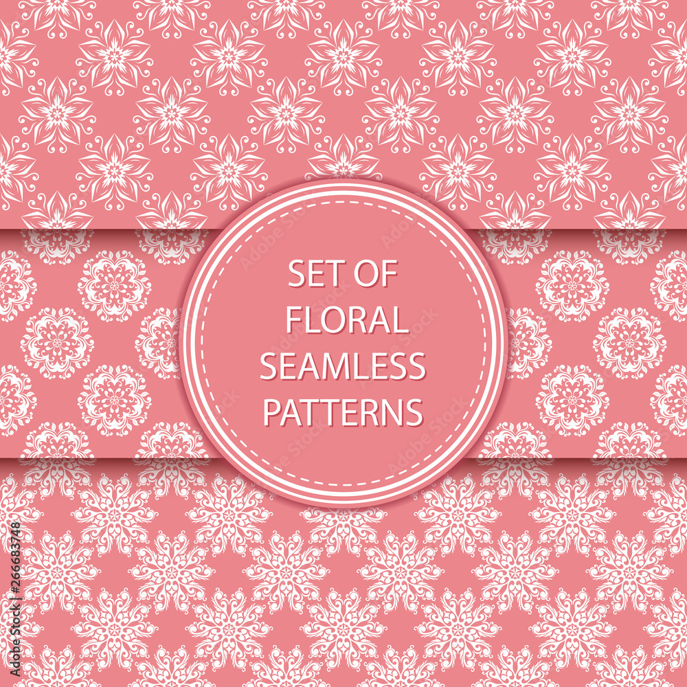 Pink and white floral seamless patterns. Compilation of designs with flowers