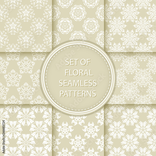 Compilation of floral patterns. White design with flowers on olive green background