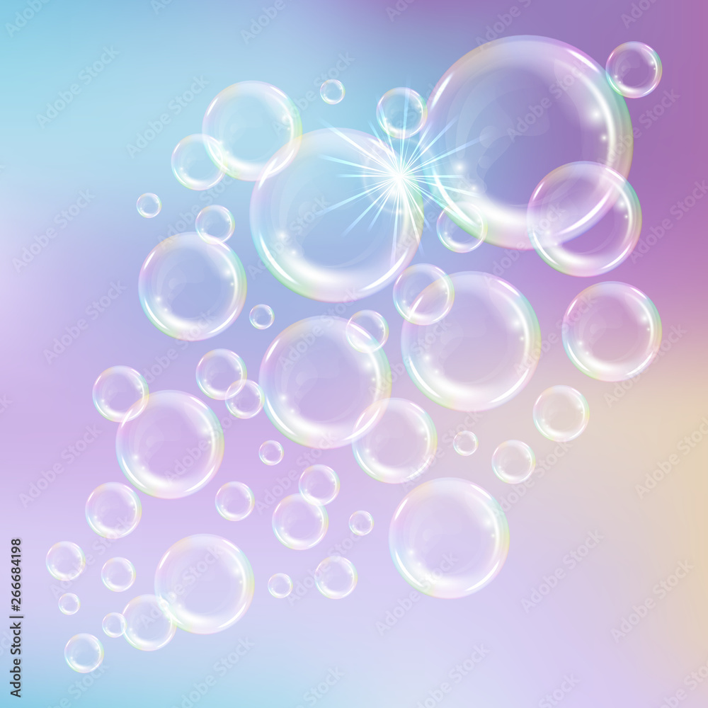 Realistic transparent floating soap bubbles with rainbow reflection. Design element for advertising booklet, flyer or poster