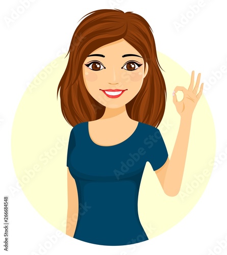 Young smiling girl shows OK gesture. Character.