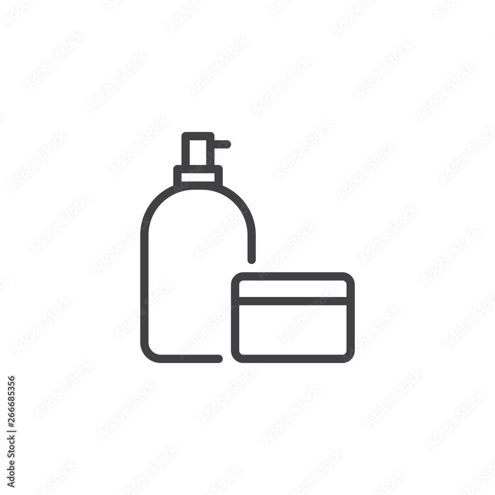 Makeup cosmetics line icon. linear style sign for mobile concept and web design. Dispenser bottle and cream jar outline vector icon. Symbol, logo illustration. Pixel perfect vector graphics Makeup cosmetics line icon. linear style sign for mobile concept and web design. Dispenser bottle and cream jar outline vector icon. Symbol, logo illustration. Pixel perfect vector graphics