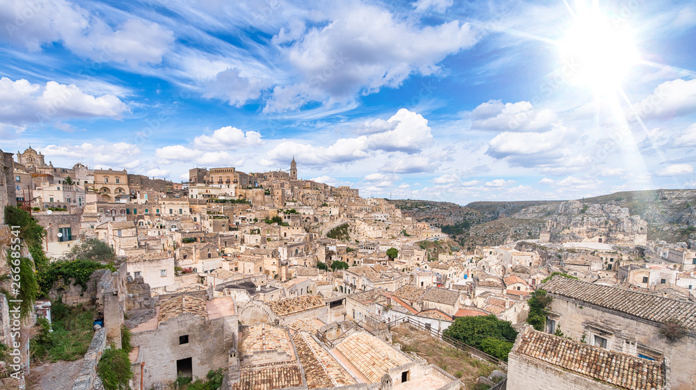 Beautiful view of Matera cityscape in summer season, Italy