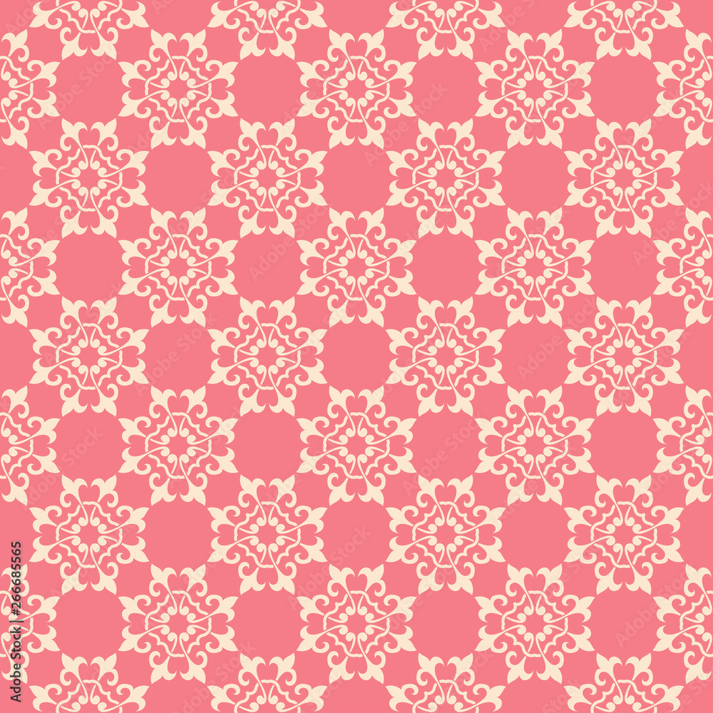 Beige arabic ornament on bright pink background. Seamless pattern