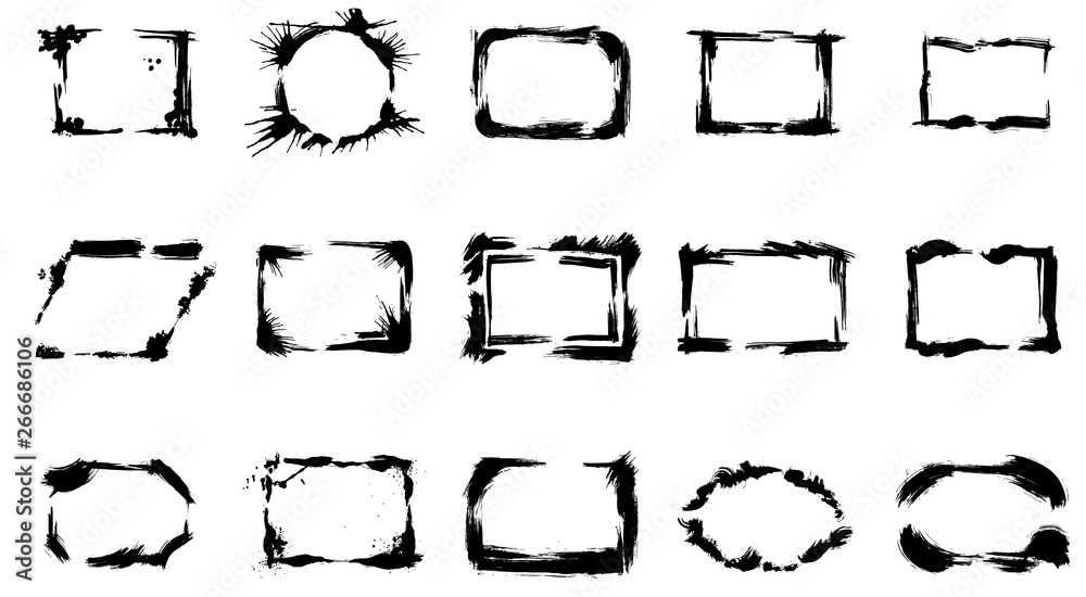 Set of dry brush frames. Black and white engraved ink art. Isolated frame illustration element.