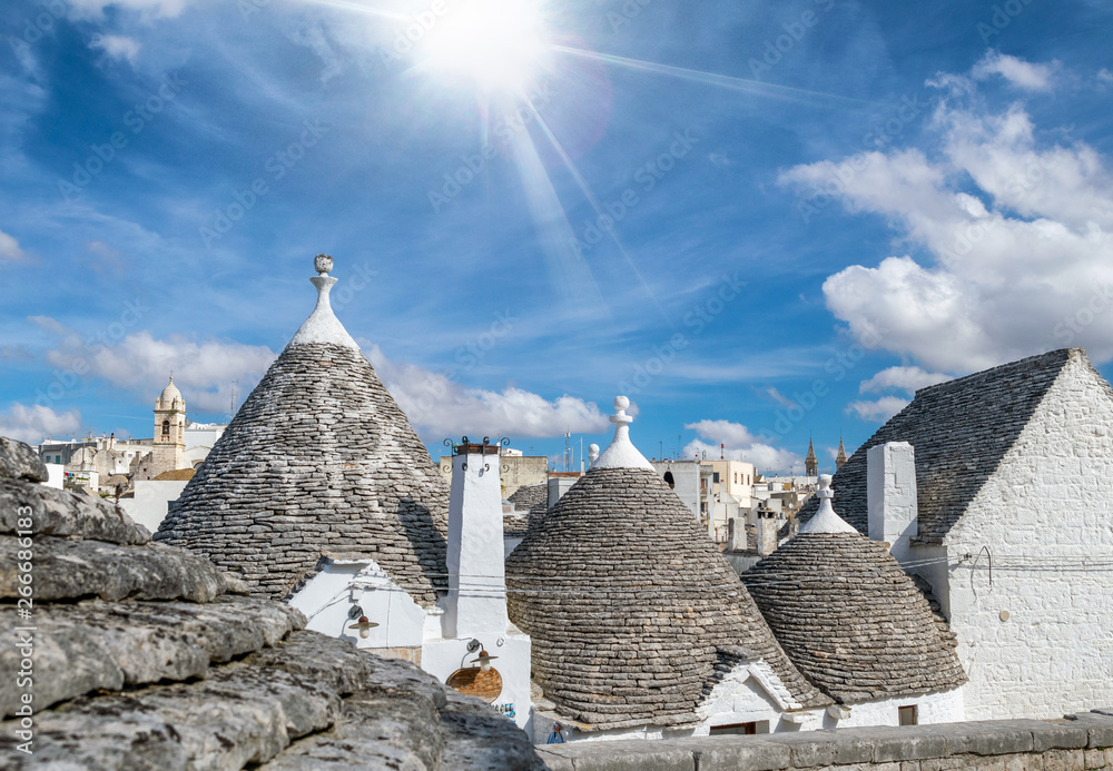 Alberobello panoramic aerial view on a wonderful sunny day, Apulia, Italy