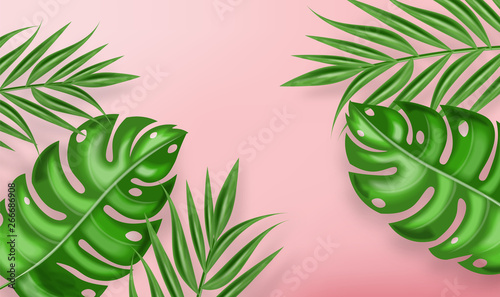 Tropic palm leaves Vector realistic background. Exotic summer card. Green fre...