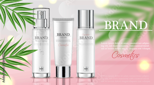 Cosmetics cream moisturizer hydration Vector realistic. Product packaging mockup. Detailed white bottles with label design. 3d template illustrations