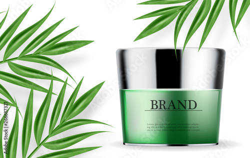 Cosmetics green cream and spray moisturizer hydration Vector realistic. Produ...