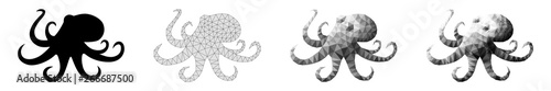 Set of greyscale sea octopuses in low poly style and black devilfish silhouette isolated on white background; Monochrome abstract ocean Octopoda; Vector illustration
