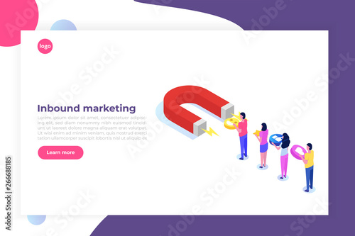 Inbound, Online or permission marketing, sales generation. Flat isometric vector illustration.