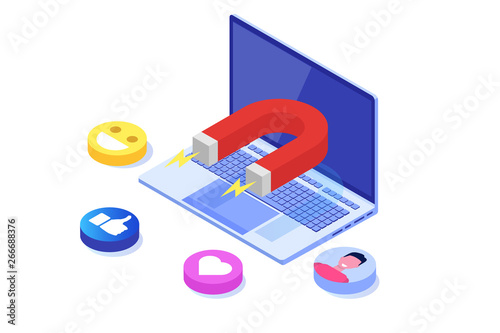 Inbound, Online or permission marketing, sales generation. Flat isometric vector illustration.