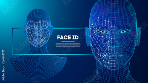 Robot blue eyes android with detailed iris and pupil. Facial recognition concept with sensor and face identity. 3D scanning.
