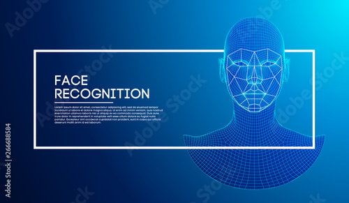 Robot blue eyes android with detailed iris and pupil. Facial recognition concept with sensor and face identity. 3D scanning.
