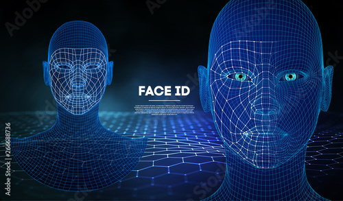 Robot blue eyes android with detailed iris and pupil. Facial recognition concept with sensor and face identity. 3D scanning.