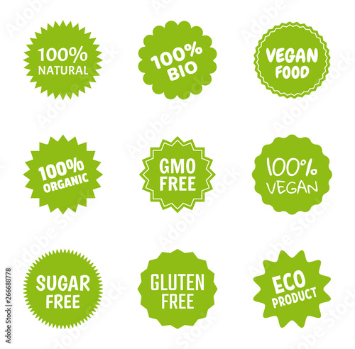 Healthy food icon set, natural product labels, organic tags for vegans