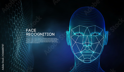 Robot blue eyes android with detailed iris and pupil. Facial recognition concept with sensor and face identity. 3D scanning. photo