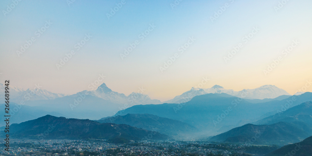 Panoramic view on the Himalayas from Sarangkot in Nepal