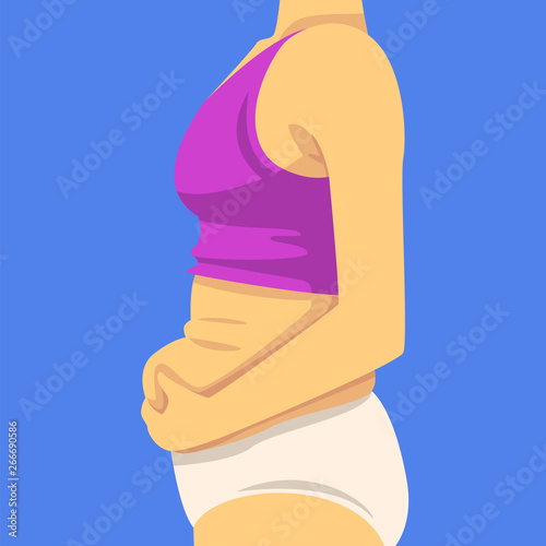Part of Female Body, Woman Clamping Fold of Fat Belly with Her Hands, Side View, Human Figure After Weight Loss, Obesity and Unhealthy Eating Problems Vector Illustration