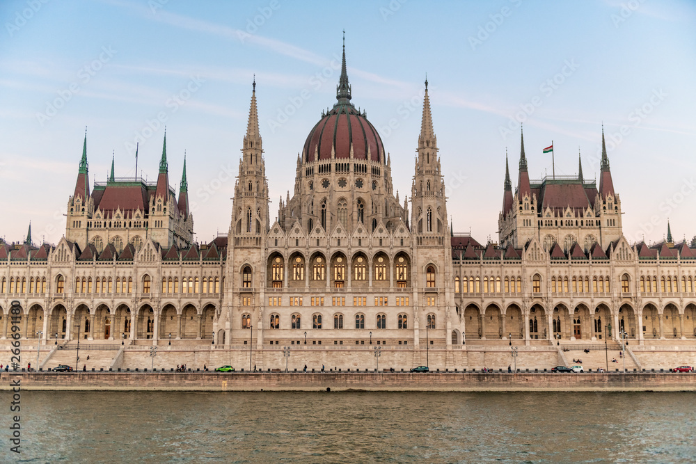 Fototapeta premium Budapest Hungarian Parliament as seen from Danube River at dusk