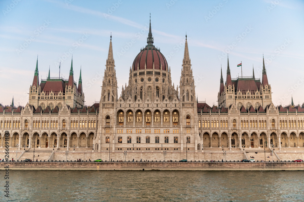 Budapest Hungarian Parliament as seen from Danube River at dusk