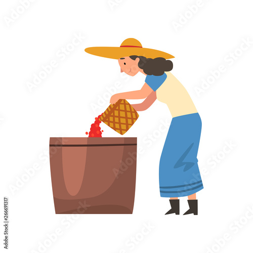Female Farmer Pouring Coffee Beans into Large Basket, Harvesting, Coffee Industry Production Stage Vector Illustration