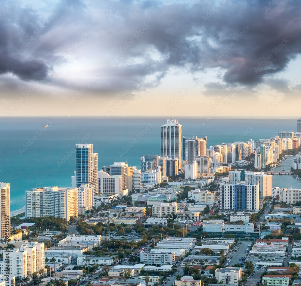 Helciopter view of Miami Beach at sunset