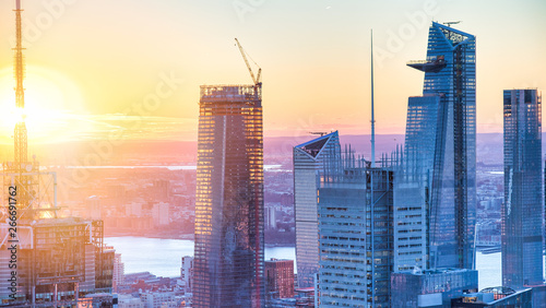 Manhattan skyline at dusk, aerial view of New York buildings