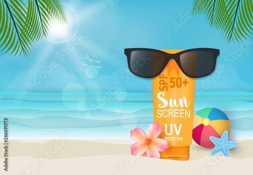 Sunscreen and sunglasses on the beach background illustration
