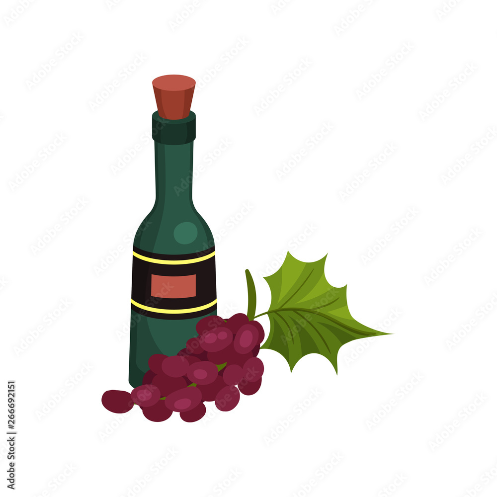 Green wine bottle with cork and label. Vector illustration on white background.