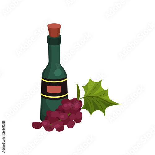 Green wine bottle with cork and label. Vector illustration on white background.