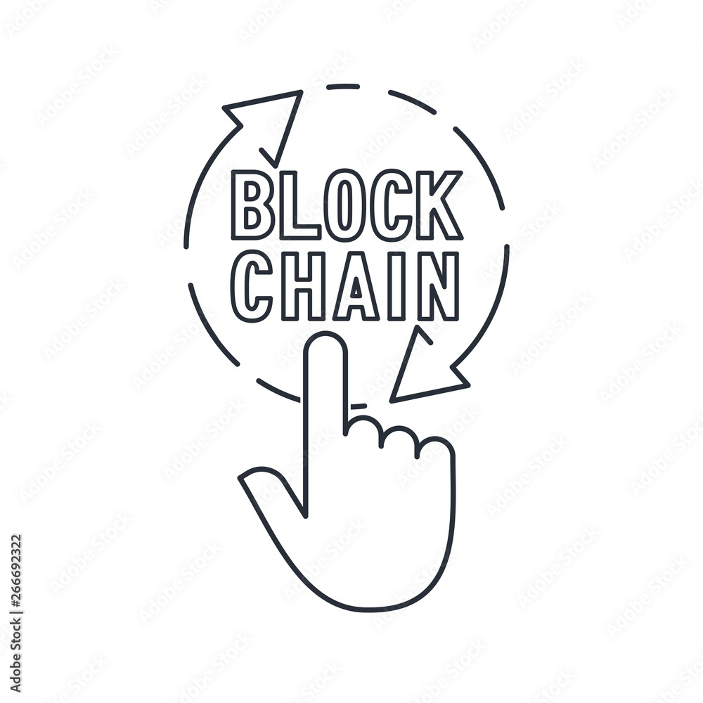 Hand pressing a button with the text blockchain . Vector linear icon. Hand pressing a button with the text blockchain . Vector linear icon.