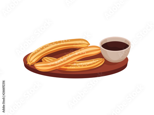 Traditional spanish dessert churros on a wooden tray. Vector illustration on white background.