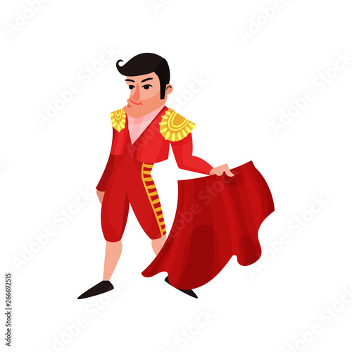 Toreador in traditional red costume. Vector illustration on white background.