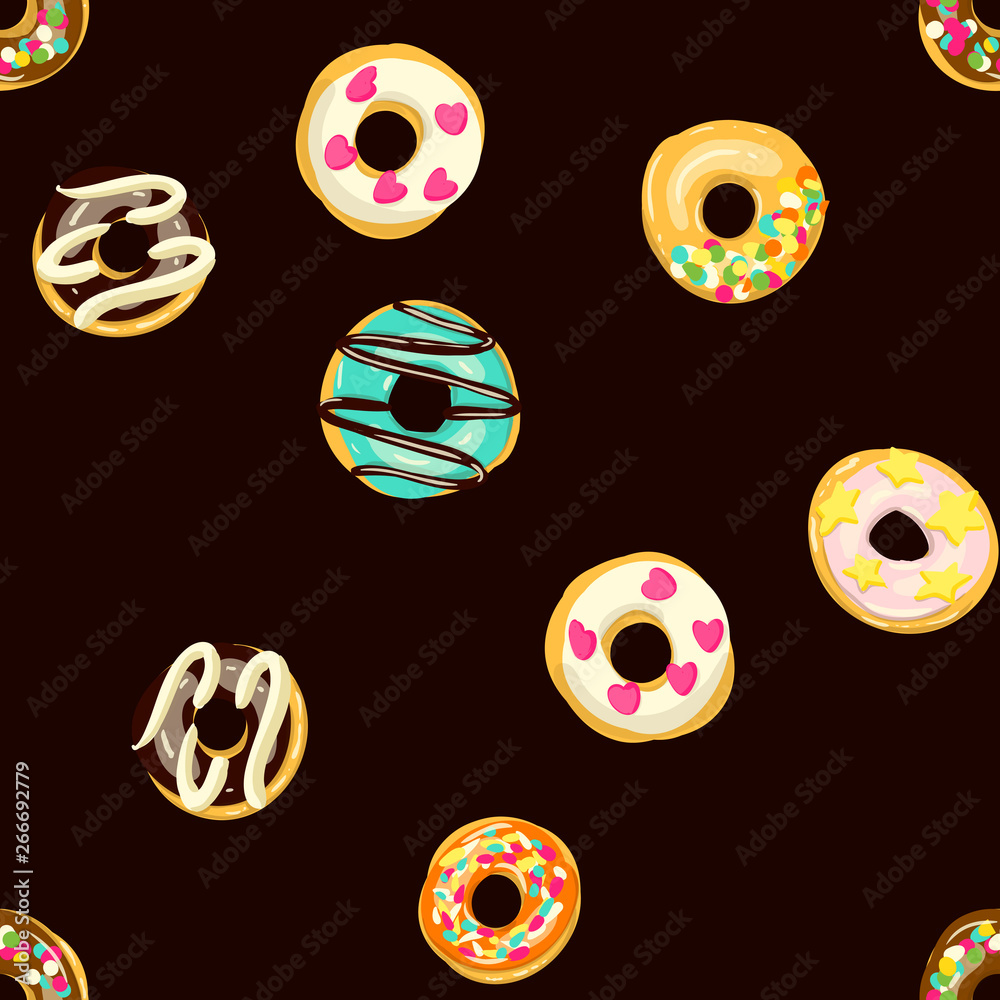 Glazed Donuts seamless pattern. Bakery Vector illustration. Top View doughnuts Glazed Donuts seamless pattern. Bakery Vector illustration. Top View doughnuts