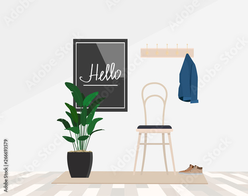 Cozy entrance hall equipment hanger and chair, against the wall welcome inscription in the frame.. Vector flat illustration.