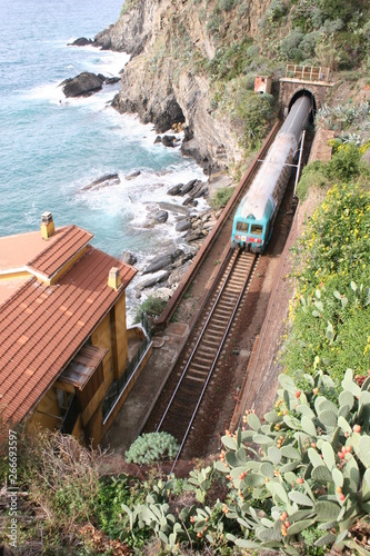 Train passing through a tunnel on a lovely summer day in Cinque terre